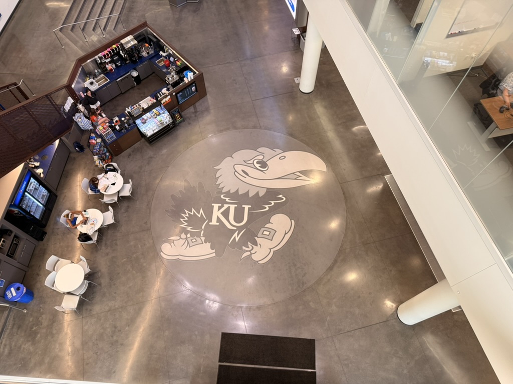 Jayhawk floor design viewed from above in Capitol Federal Hall